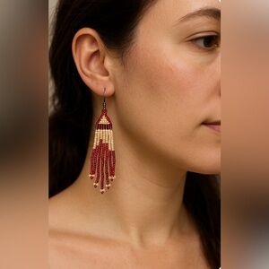 Handmade Indigenous Style Beaded Fringe Earrings - Red & Cream